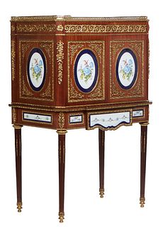 Ormolu Mounted Mahogany Sevres Style Porcelain Plaque Mounted Cabinet on Stand, 20th c., the pierced ormolu gallery over double doors mounted with lar