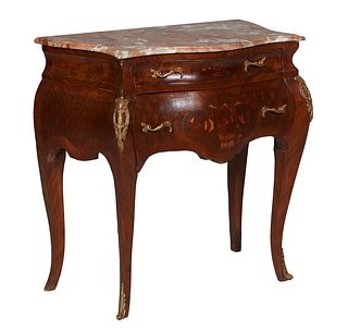 Louis XV Style Inlaid Walnut Ormolu Mounted Commode, 21st c., the stepped highly figured bowfront marble over a serpentine frieze drawer above a serpe