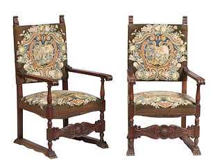 Pair of French Carved Walnut Louis XIV Style Carved Walnut Fauteuils a la Reine, 19th c., the high rectangular back to flat scrolled srms over a cushi