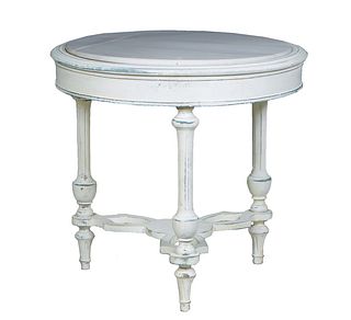 Louis XVI Style Polychromed Marble Top Center Table, 21st., the inset white circular marble over a wide skirt, on turned tapered tripodal legs joined 