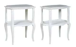 Pair of Polychromed Beech Marble Top Side Tables, 21st c., the inset white tortoise marble top on square supports to a lower shelf, on cabriole legs, 
