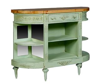 Polychromed Pine Louis XVI Style Console Table, 21st c., the bowed natural pine breakfront top over a breakfront base with a central frieze drawer fla
