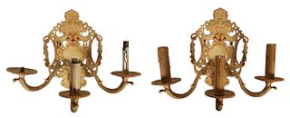 Pair of French Polychromed Brass Three Light Sconces, early 20th c., the pieced scrolled back plate issuing three curved arms, H.- 12 1/2 in., W.- 14 