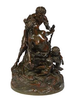 After Claude-Michel Clodion (1738-1814, French), "Satyr with Nymph and Two Putti," 20th c., patinated bronze figural group, with an impressed signatur