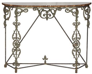Wrought Iron Demilune Console Table, 20th c., the demilune highly figured brown marble top over a scrolled skirt, on two front scrolled legs, joined b