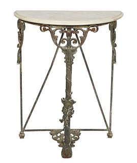Wrought Iron Marble Top Demilune Console Table, 20th c., the ogee edge white marble over three scrolled supports joined by a lower leaf stretcher and 