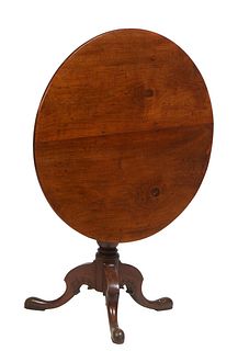 English Georgian Style Carved Mahogany Tilt Top Table, 19th c., the circular top on a birdcage topped tapered urn form support, on tripodal cabriole l