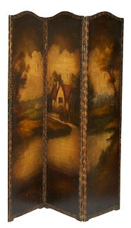 English Three Panel Painted Leather Folding Dressing Screen, late 19th c., the arched panels with landscape and a country house decoration, H.- 68 in.