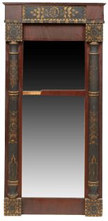 American Two Part Gilt Painted Mahogany Landscape Mirror, 19th c., the stepped crown over gilt painted engaged columns flanking a small upper plate an