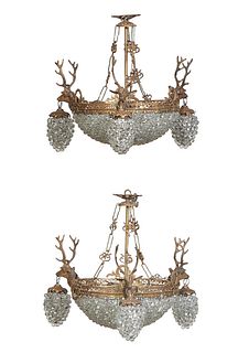 Pair of Brass Corbeille Form Five Light Chandeliers, 21st c., with a ceiling cap over a center ring issuing three deer head lights with clear glass be