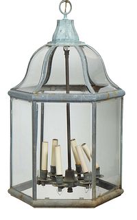 Large Copper Ceiling Mount Hexagonal Lantern, 20th c., with an iron canopy to six curved glass upper panels over six large rectangular lower panels, t
