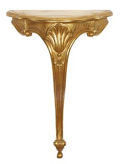 Diminutive French Louis XVI Style Giltwood Console Table, 20th c., the stepped bowed top over a shell and lattice incised skirt, on a single cabriole 