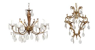Two Louis XV Style Chandeliers, one six light example with cut glass bobeches hung with pendalogue prisms, with canopy and chains, H.- 26 in., Dia.- 2