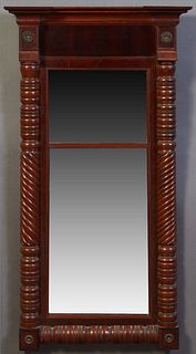 American Federal Carved Mahogany Overmantel Mirror, 19th c., ogee breakfront crown over a small mirror plate and a larger plate, flanked by applied ro