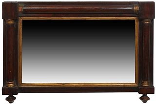 American Classical Horizontal Overmantel Mirror, 19th c., of breakfront form, the top and two sides with gilt enhanced engaged columns, on two turned 