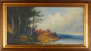 American School, "Autumn Landscape Scene," 20th c., oil on panel, unsigned, presented in a gilt frame, H.- 11 1/4 in., W.- 23 1/2 in., Framed H.- 15 1