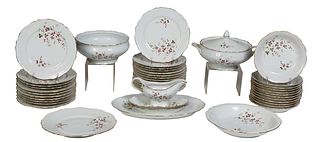 Forty-Four Piece French Porcelain Dinnerware, 20th c., by Porcelaine Francaise, with gilt rims and painted floral and leaf decoration, consisting of 2