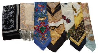 Group of Seven Silk Scarves, 20th c., one floral with long fringe ends; one with a leopard print; one Harnais de Gala, Paris, Expo 1860; one Firenze; 
