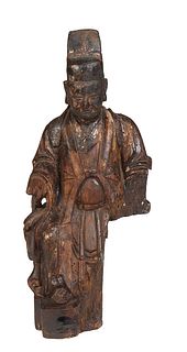 Chinese Carved Wooden Figure of a Sage, 19th c., with traces of original gilt, H.- 13 in., W.- 5 3/8 in.