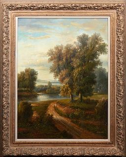 Alderson, "Countryside Road," 20th c., oil on canvas, signed lower right, presented in a linen lined antique style gilt frame, H.- 47 1/2 in., W. - 35