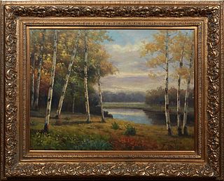 Chinese School, "Wooded Landscape with Lake," 20th c., oil on canvas, signed indistinctly lower right, presented in an antique style gilt frame, H.- 2