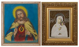 Pair of Religious Works, consisting of an image of Christ, acrylic on cloth, and a bead embellished print of Mary and Christ, both framed, Framed H.- 