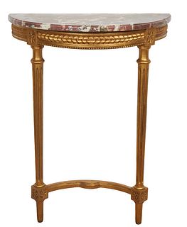 French Louis XVI Gilt Beech Marble Top Console Table, 20th c., the ogee edge demilune Breche d'Alpes rouge marble over a lappet carved skirt, on two t