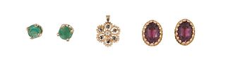 Three Pieces of Vintage 10K Yellow Gold Jewelry, consisting of a floriform pendant with a center diamond and six round sapphire petals; a pair of amet