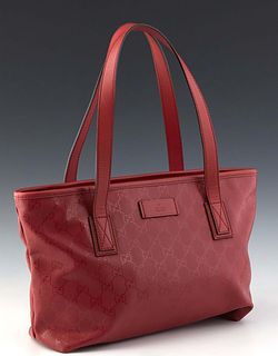 Gucci Tote PM Bag, in pink guccissima imprint coated canvas with pink leather accents and gold hardware, opening to a matching canvas interior, H.- 8 