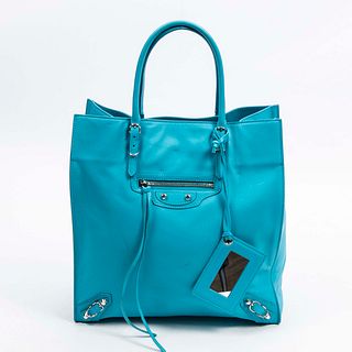 Balenciaga Papier Small Tote Bag, in sky blue calf leather with silver hardware accents, opening to a sky blue suede interior with two small side open