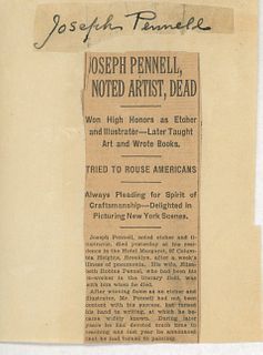 Rare Joseph Pennell original signature and newspaper clipping