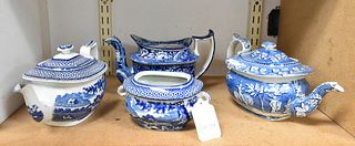 (3) English Blue & White Pottery Teapots & Dish.