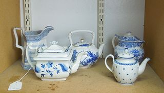(4) English Blue & White Teapots & a Pitcher.