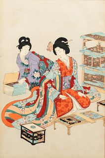 19th C Toyohara Chikanobu 'Composing Poetry' Woodblock