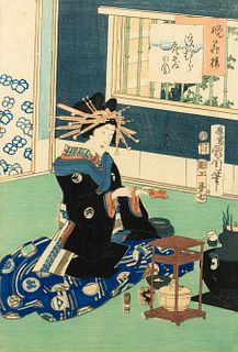 19th C Toyohara Kunichika 'Tea Ceremony' Woodblock
