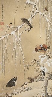 Ito Jakuchu 'Willow Tree and Mandarin Ducks' Color Woodcut