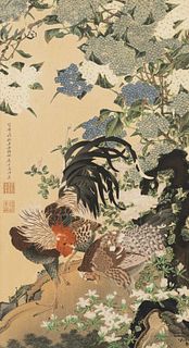 Ito Jakuchu 'Rooster, Hen and Hydrangeas' Color Woodcut