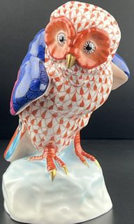 HEREND SIGNED Owl Bird Hand Painted Porcelain Figurine