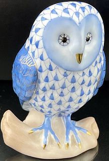 HEREND SIGNED OWL Bird Blue Fishnet Figurine