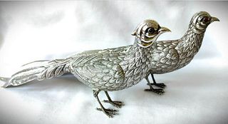 Pair Of Spanish Silver Pheasants Table Toys With Dark Ruby Glass Eyes C 1950/60