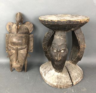 African Wooden Stool & Carved Wood Mask