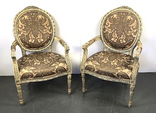Pair of Louis XV Style Green Painted Fauteuil