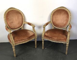 Pr Louis XVl Creme Painted Upholstered Fauteuil