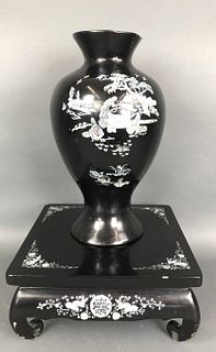 Asian Style Laminated Inlaid Vase on Stand