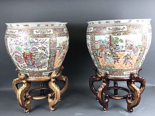 Pair of Asian Porcelain Fish Bowls on Stands