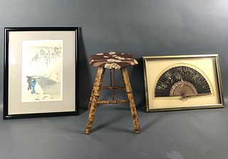Bamboo Stool, Framed Fan, and Asian Print