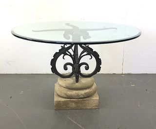 Wrought Iron, Cement & Glass Dining Table