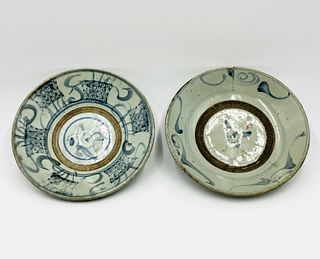 Pair of Qing Dynasty Chinese Blue & White Porcelain / Ceramic Plates, c. 1850