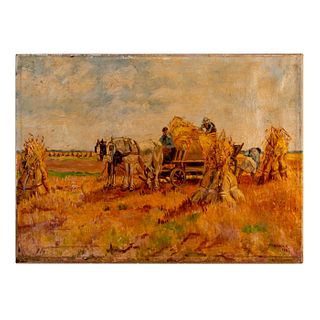 P. Verkaik Oil Painting on Canvas Wheat Harvesting