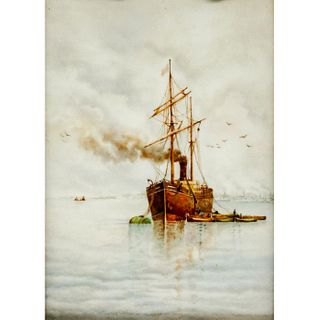 Antique 19th c. Painting on Porcelain Plaque, Steam Boat, Signed